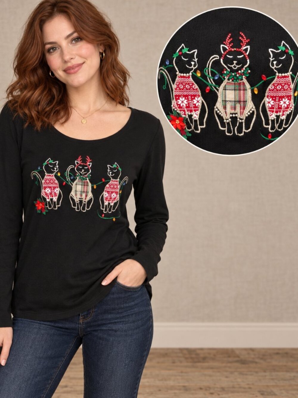 Karen Scott Womens Black Long Sleeve Christmas Holiday Shirt Cats Lights SZ S